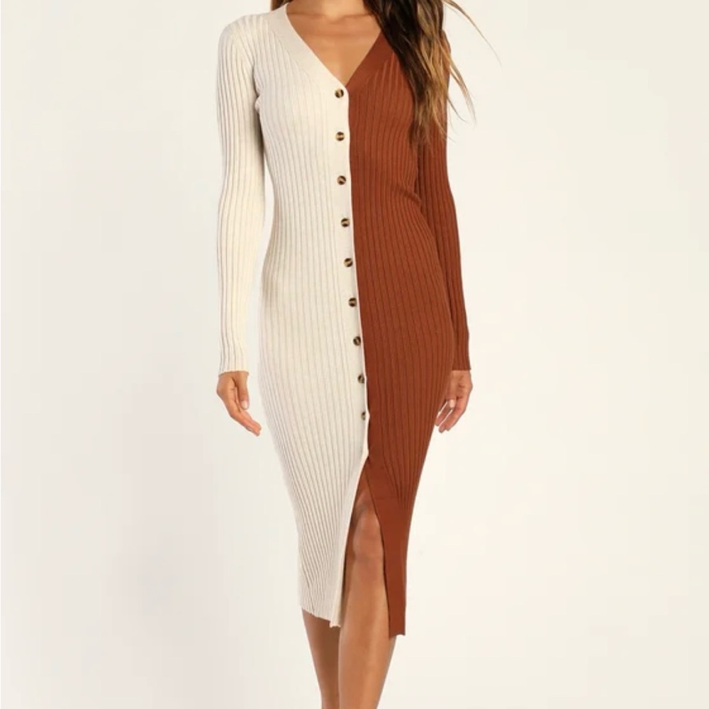 Lulu's Cream and Brown Asymmetrical Sheath Dress